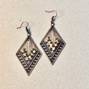 Antique Copper Diamond Shaped Earrings, Dangle earrings,Beaded silk thread